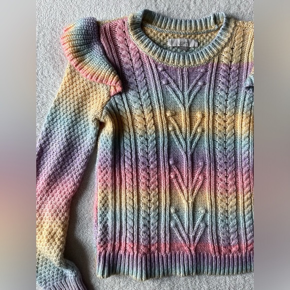 Pastel Rainbow Cable Knit Sweater, LOFT, Women’s Sz Small. Shoulder Ruffle - Picture 2 of 8